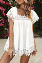 White Lace Pom Pom Splicing Square Neck Blouse