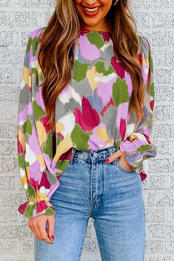 Multicolor Abstract Color Block Printed Long Sleeve Blouse