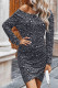 Gray Leopard Print Ruched Arched Hem Mini Dress