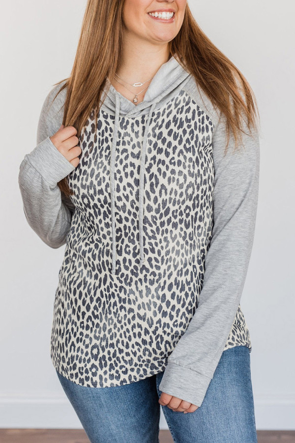 Plus Leopard Contrast Hood Long Sleeve Hoodie