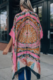 Multicolor Shawl Neckline Floral Print Kimono with Slits