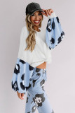 Sky Blue Leopard Splicing Waffle Knit Puff Sleeve Blouse