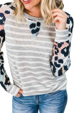 Gray Ombre Leopard Print Stripe Splice Long Sleeve Top