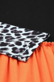 Orange Leopard Plaid Ruffled Long Sleeve Mini Dress