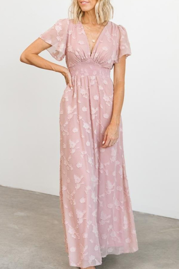 Pink Floral Textured V Neck Smocked Maxi Dress
