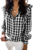 Black Plaid Print Ruffled Buttoned Shirt
