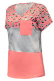 Leopard Splicing Striped Print Short Sleeve Pocket Patchwork Top Unishe Wholesale