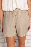 Khaki Solid Color Drawstring Frayed Hem Pocketed Shorts