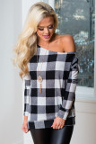 Monochrome Plaid Off Shoulder Textured Long Sleeve Top