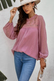 Pink Frill Neck Swiss Dot Puff Sleeve Blouse