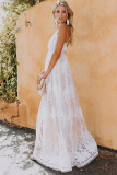 White Lace Contrast Backless Spaghetti Straps Maxi Dress