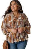 Apricot Turn-down Neck Mixed Print Plus Size Shirt