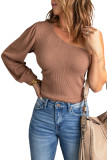 Asymmetric Puff Sleeve Ribbed Top