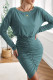 Sky Blue Crewneck Long Sleeve Shirred Split Bodycon Dress
