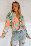 Orange Leopard Abstract Print V Neck Long Sleeve Shirt
