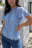 Sky Blue Contrast Lace Petal Sleeve Crew Neck T-shirt