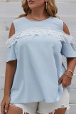 Baby Blue Cold Shoulder Lace Splicing Plus Size Short Sleeves Top