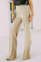Khaki Solid High Waist Seamed Flare Pants