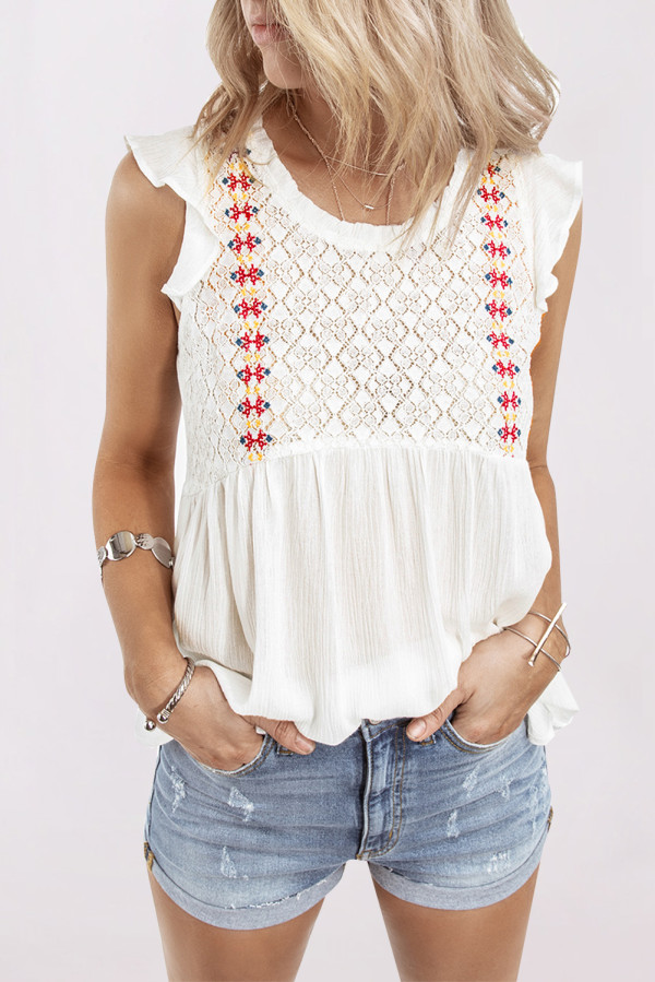 White Lace Splice Ruffles Pleated Babydoll Tank Top