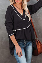 Waffle Knit V-neck Tunic Long Sleeve Top Women UNISHE Wholesale