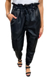 Black PU Leather Drawstring Elastic Waist Joggers