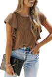 Brown Ribbed Knit Ruffled Short Sleeve T Shirt