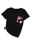 Black Women's Casual Floral Printed Splicing Pullover Pocket T-shirt