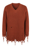 Ripped Raw Edge V Neck Plain Knit Sweaters