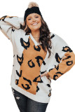 Orange Leopard Print Colorblock Drop Shoulder Plus Size Sweater