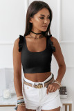 Black Ruffle Strap Ribbed Sleeveless Crop Top