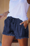Dark Blue Casual Pocketed Frayed Denim Shorts