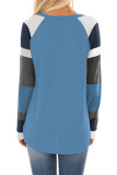 Color Block Long Sleeves Blue Pullover Top