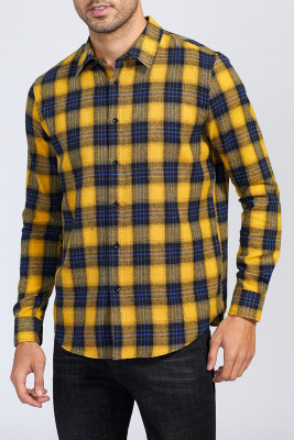 Yellow Plaid Print Men's Button Up Shirt