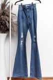 Blue High Waist Hollow-out Ripped Flare Jeans