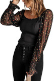 Floral Mesh Contrast Smocked Long Sleeve Ribbed Top