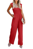Red Blue Flutter Sleeve Smocked Wide Leg Jumpsuit