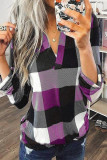 Purple Contrast Plaid V Neck Long Sleeve Top