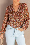 Brown Floral Print V Neck Blouse
