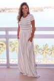 Grey Striped Ivory Short Sleeve Maxi Dress