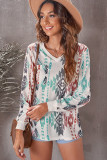 V Neck Long Sleeve Aztec Print Top with Pocket