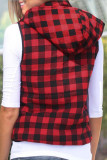 Buffalo Plaid Splicing Pocket Zipper Hooded Vest Coat