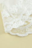 White Solid Color Crewneck Lace Mesh Ruffle Top