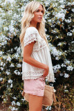 White Lace Pom Pom Splicing Square Neck Blouse