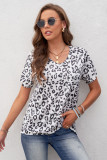 White V Neck Front Pocket Leopard Tee