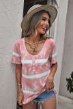 Red Buttoned Tie-dye Short Sleeve Top