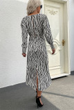 Zebra Striped V Neck Irregular Length Midi Dress