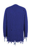 Ripped Raw Edge V Neck Plain Knit Sweaters