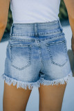 Light Blue Ripped Tasseled Hem Denim Shorts