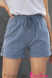 Blue Elastic Waistband Pocket Drawstring Shorts with Button