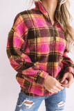 Red Plaid Zipper Stand Collar Sherpa Pullover Sweatshirt